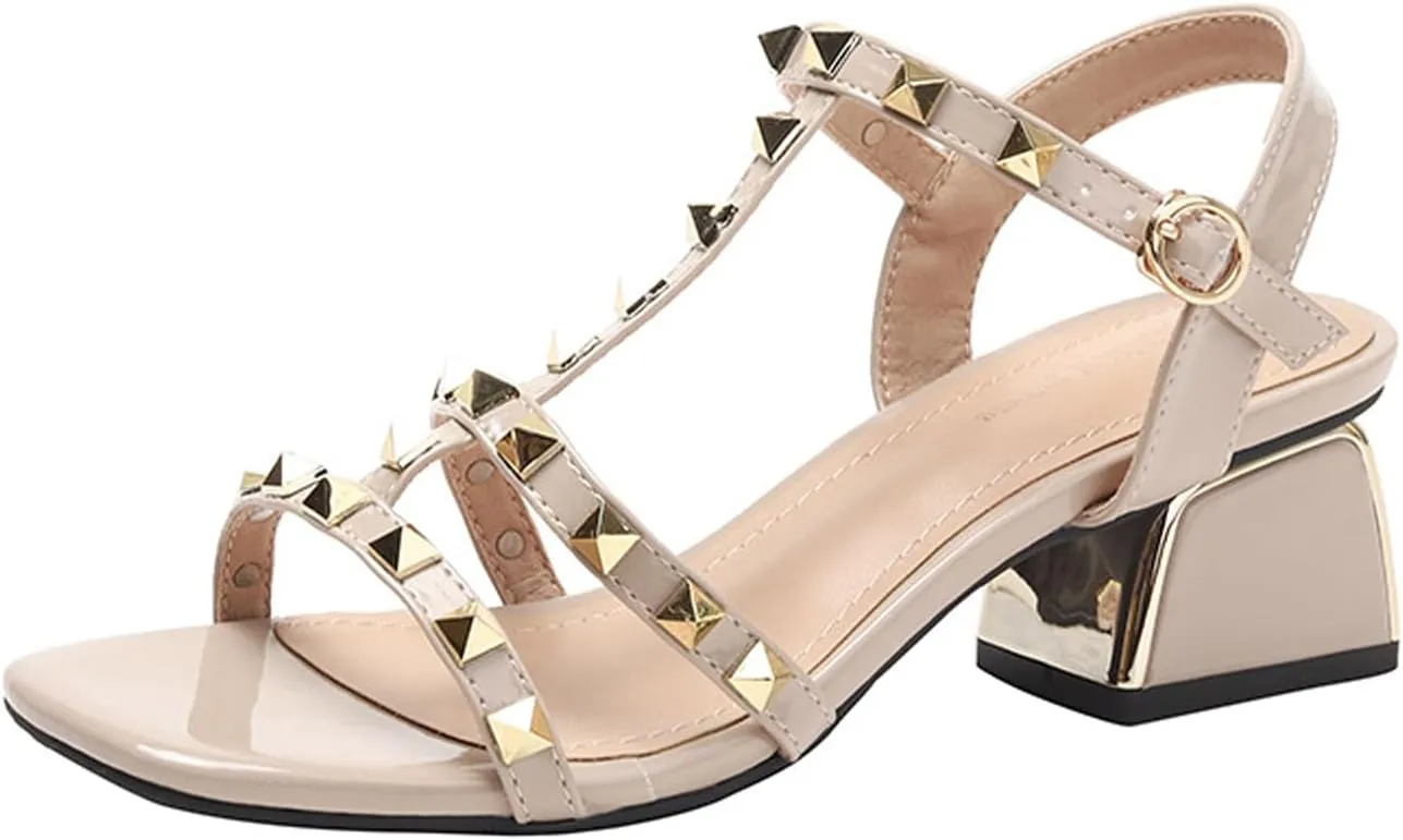 Women's Fashion Rivets Leather T-Strap Chunky Block Heel Sandals Comfort Adjustable Ankle Strap Buckle Square Open Toe Roman Sandals for Outdoor Party Prom Dress Shoes