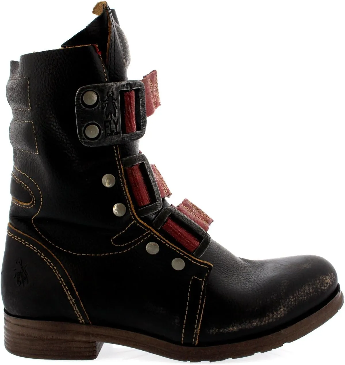 Womens Fly London Stif Leather Pull On Military Biker Buckle Ankle Boots