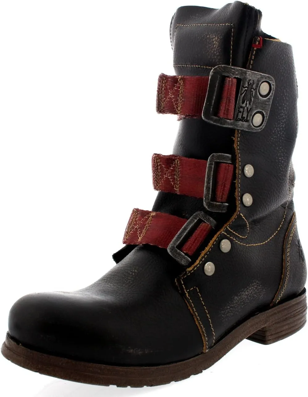 Womens Fly London Stif Leather Pull On Military Biker Buckle Ankle Boots