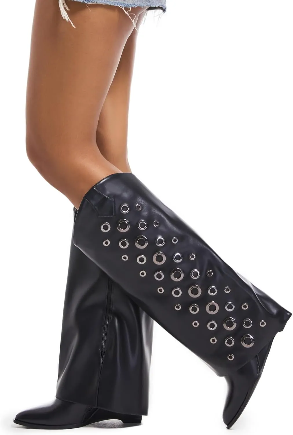 Women's Fold Over Knee High Boots with Holes Design Covered Wedge Heel Wide Calf Pull On Boots With Side Zipper