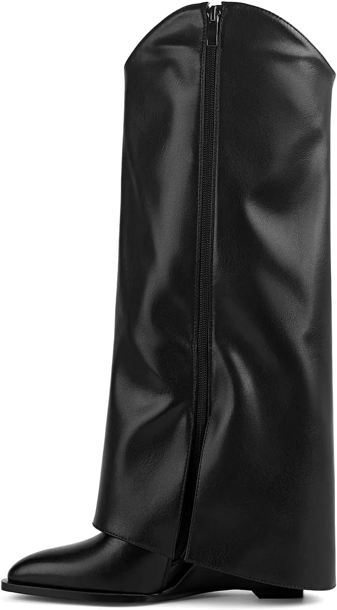 Women's Fold Over Knee High Boots with Holes Design Covered Wedge Heel Wide Calf Pull On Boots With Side Zipper