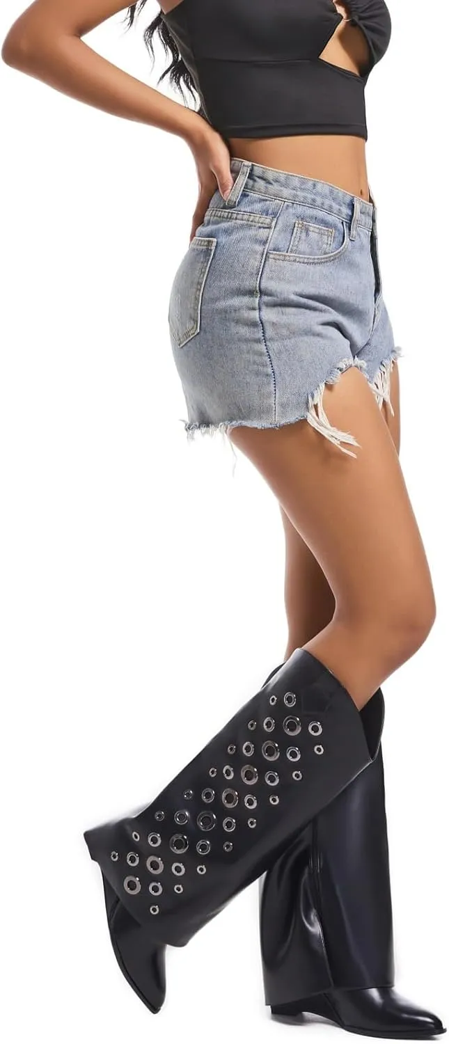Women's Fold Over Knee High Boots with Holes Design Covered Wedge Heel Wide Calf Pull On Boots With Side Zipper