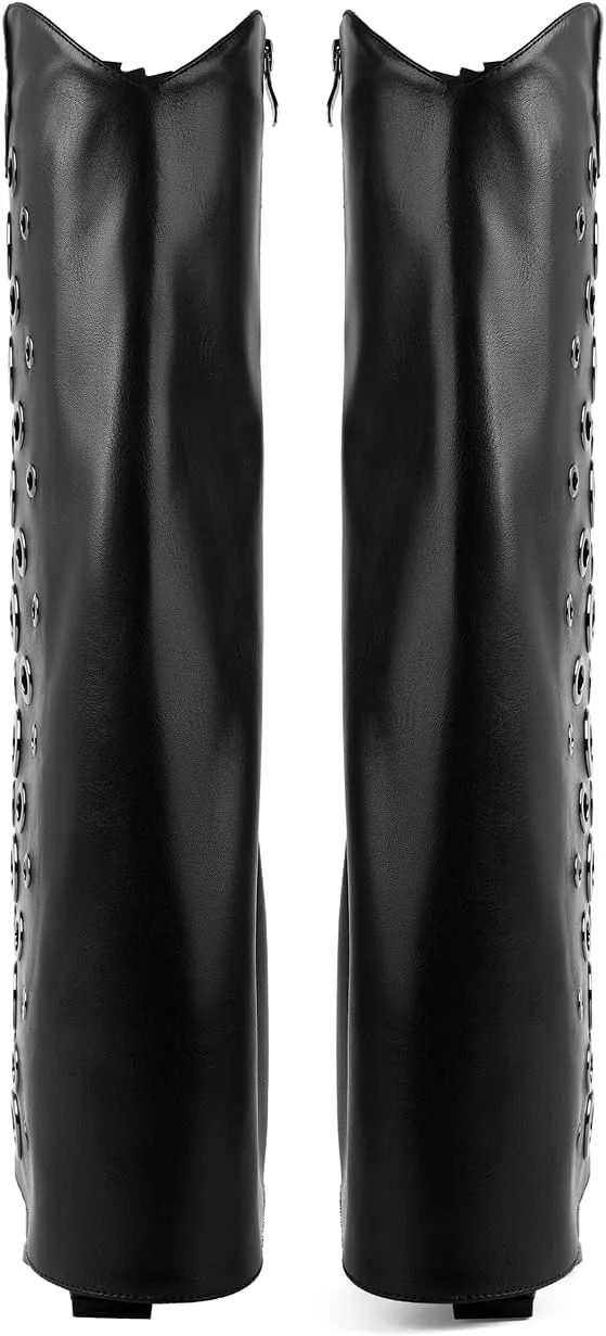 Women's Fold Over Knee High Boots with Holes Design Covered Wedge Heel Wide Calf Pull On Boots With Side Zipper