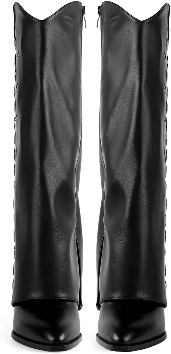 Women's Fold Over Knee High Boots with Holes Design Covered Wedge Heel Wide Calf Pull On Boots With Side Zipper