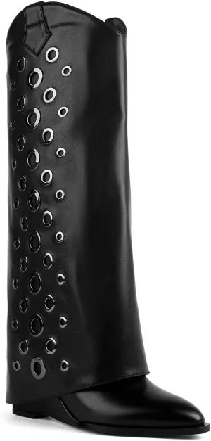 Women's Fold Over Knee High Boots with Holes Design Covered Wedge Heel Wide Calf Pull On Boots With Side Zipper