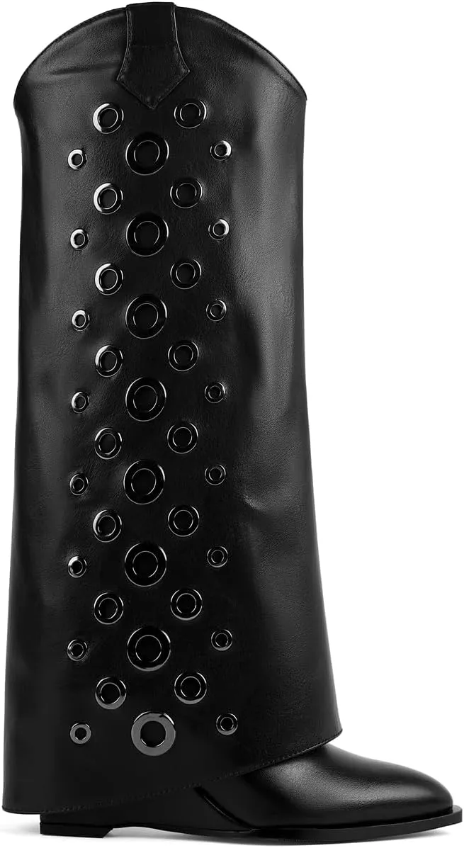 Women's Fold Over Knee High Boots with Holes Design Covered Wedge Heel Wide Calf Pull On Boots With Side Zipper