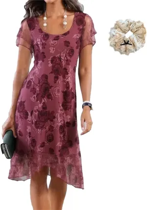 Women's Fresh Print Round Neck Short Sleeve A-Line Mini Dress, Summer Casual Dresses, Vacation Flowy Sundress