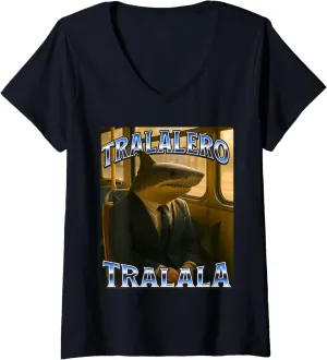 Womens Funny Tralalero Tralala Brainrot Meme Shark With Sneakers V-Neck T-Shirt