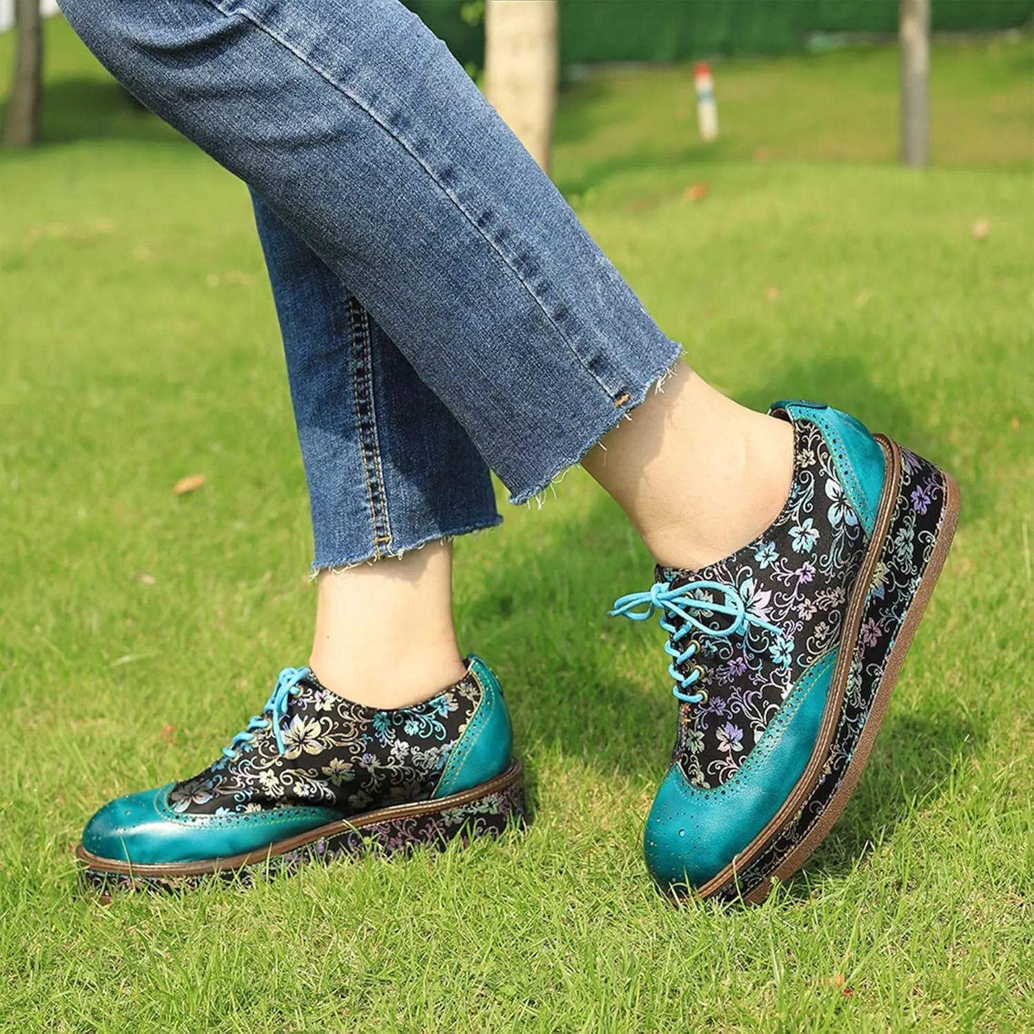 Women's Handmade Lambskin Oxford Loafers Shoes with Retro Ethnic Printed Style, Brock Design for Casual and Fashion Collegiate Style