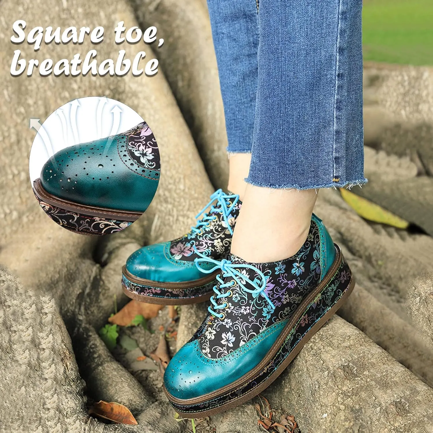 Women's Handmade Lambskin Oxford Loafers Shoes with Retro Ethnic Printed Style, Brock Design for Casual and Fashion Collegiate Style