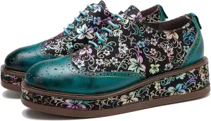 Women's Handmade Lambskin Oxford Loafers Shoes with Retro Ethnic Printed Style, Brock Design for Casual and Fashion Collegiate Style