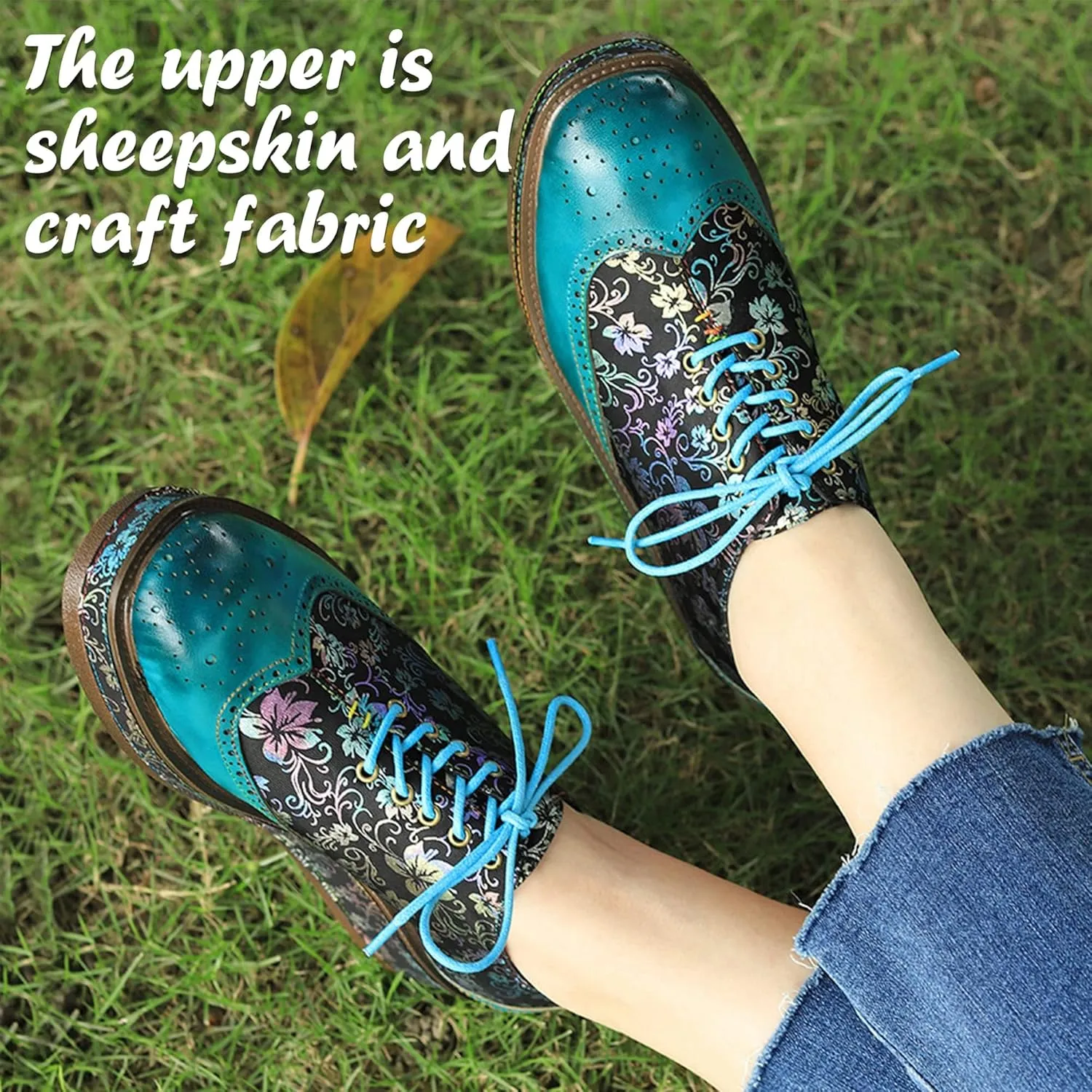 Women's Handmade Lambskin Oxford Loafers Shoes with Retro Ethnic Printed Style, Brock Design for Casual and Fashion Collegiate Style