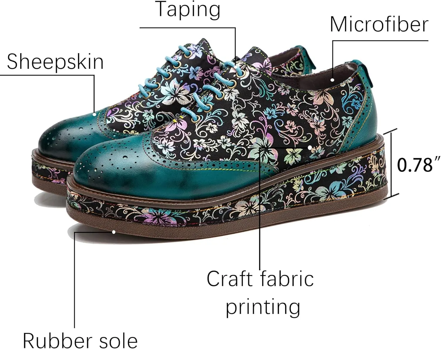 Women's Handmade Lambskin Oxford Loafers Shoes with Retro Ethnic Printed Style, Brock Design for Casual and Fashion Collegiate Style