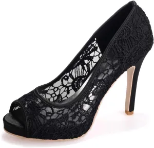 Women's High Heel Round Toe Slip On Floral Ballet Kitten Heels Peep Toe Comfortable Lace Sandals Dressy