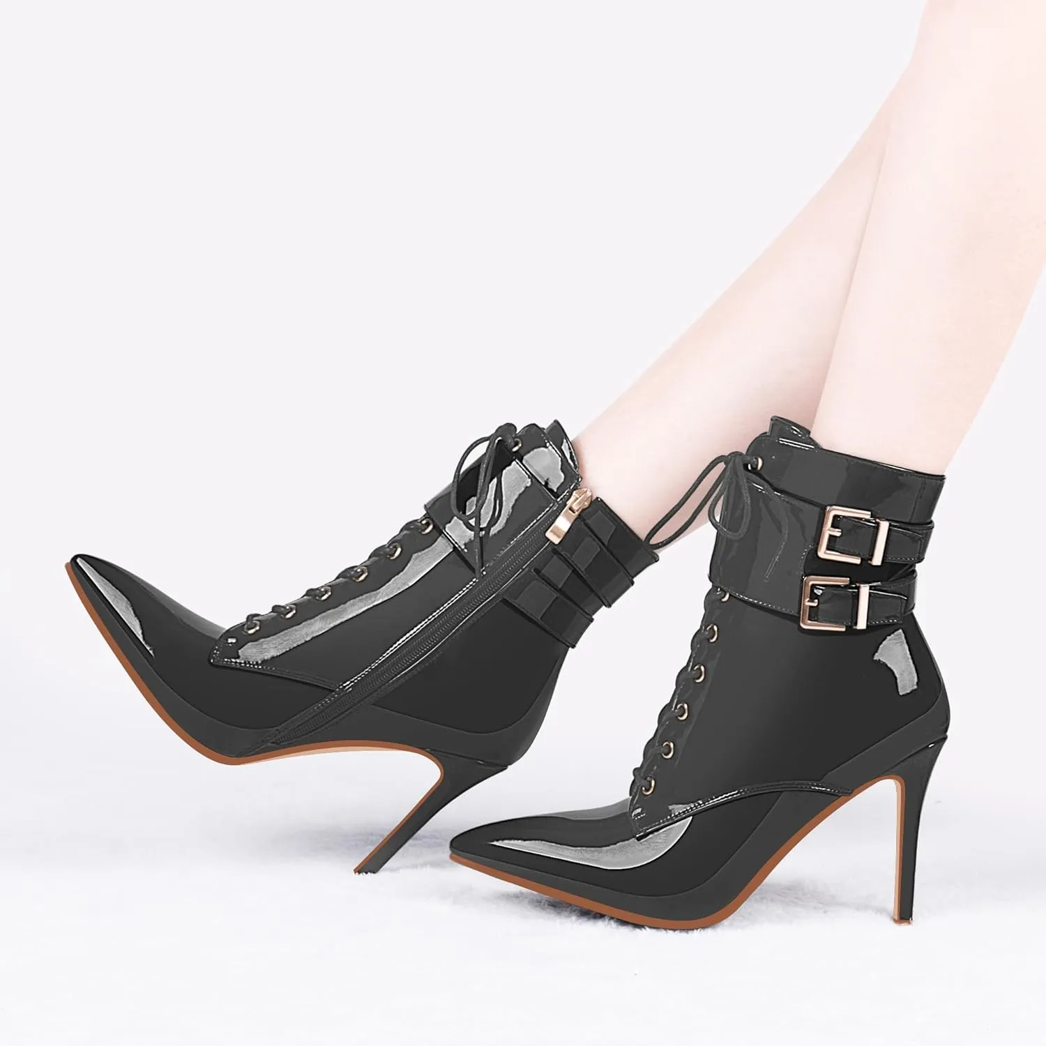 Women's High Stiletto Heel Pointed Toe Ankle Boots Lace Up Buckle Strap Dress Booties