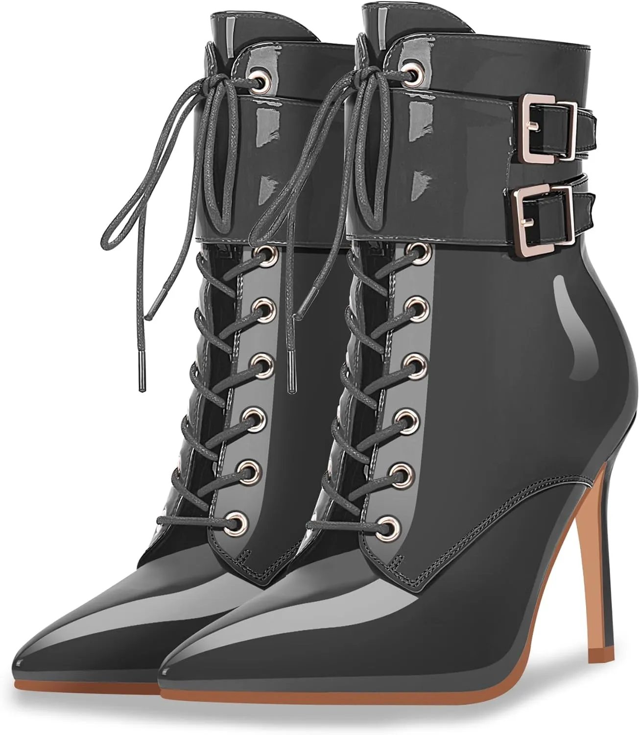 Women's High Stiletto Heel Pointed Toe Ankle Boots Lace Up Buckle Strap Dress Booties