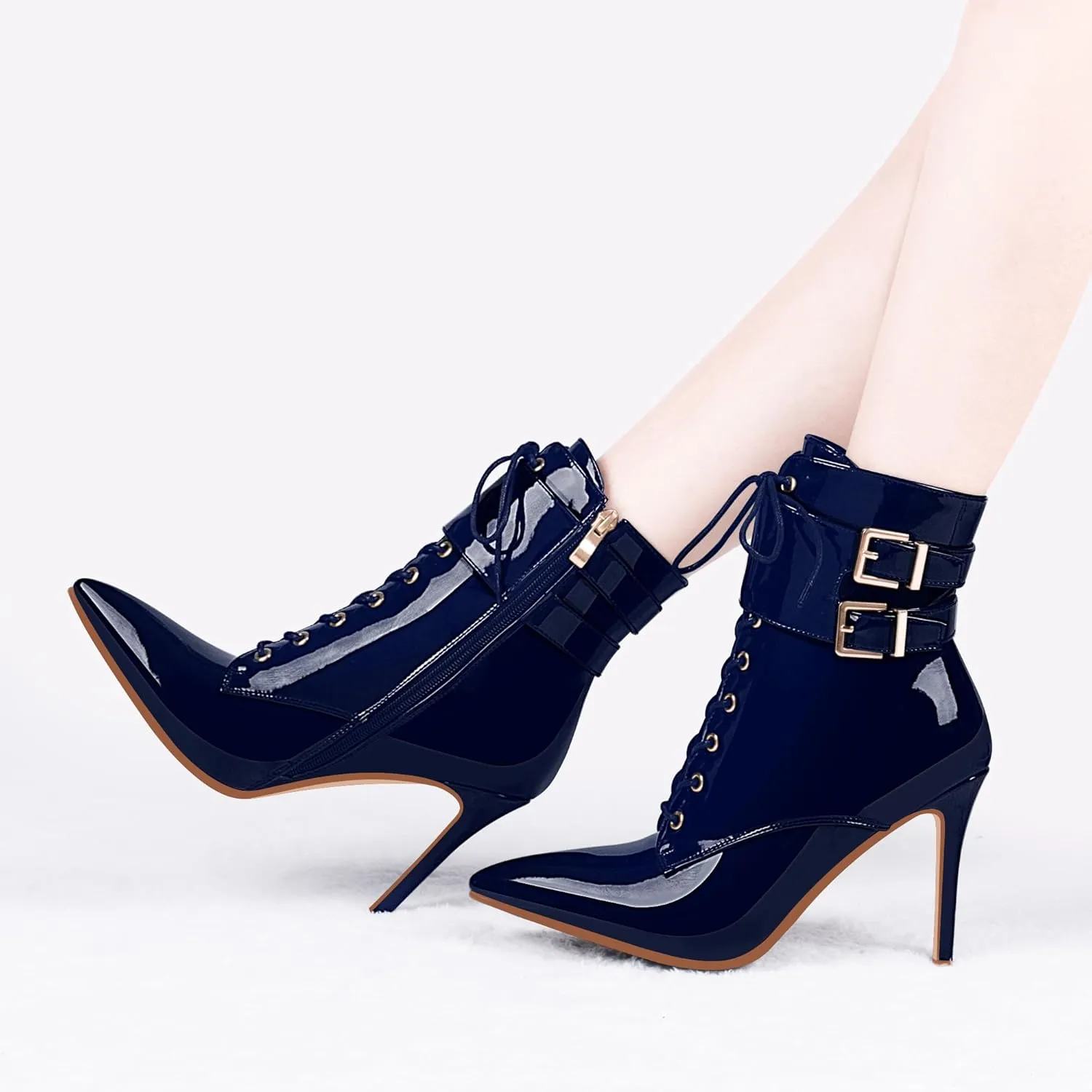 Women's High Stiletto Heel Pointed Toe Ankle Boots Lace Up Buckle Strap Dress Booties