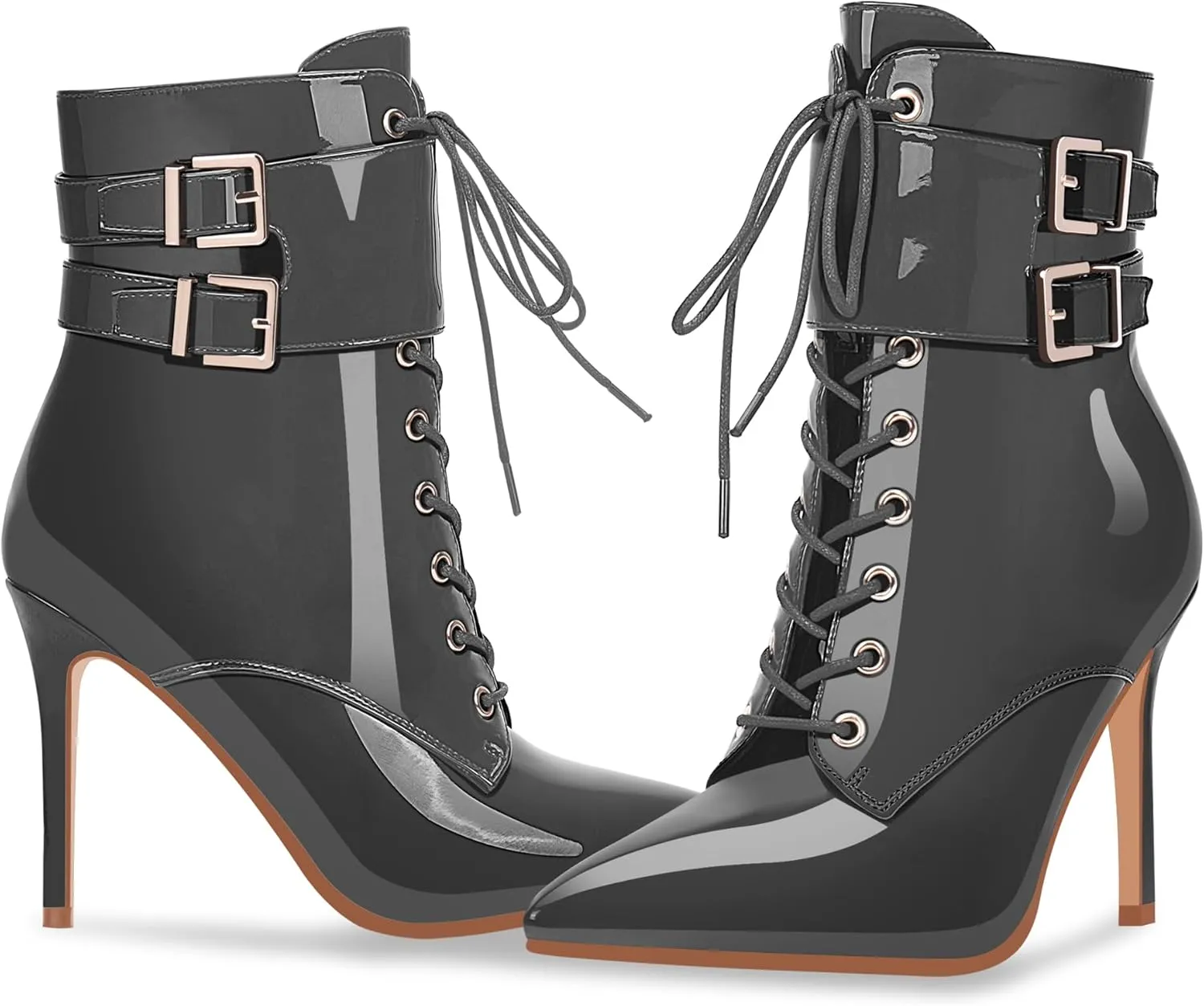 Women's High Stiletto Heel Pointed Toe Ankle Boots Lace Up Buckle Strap Dress Booties