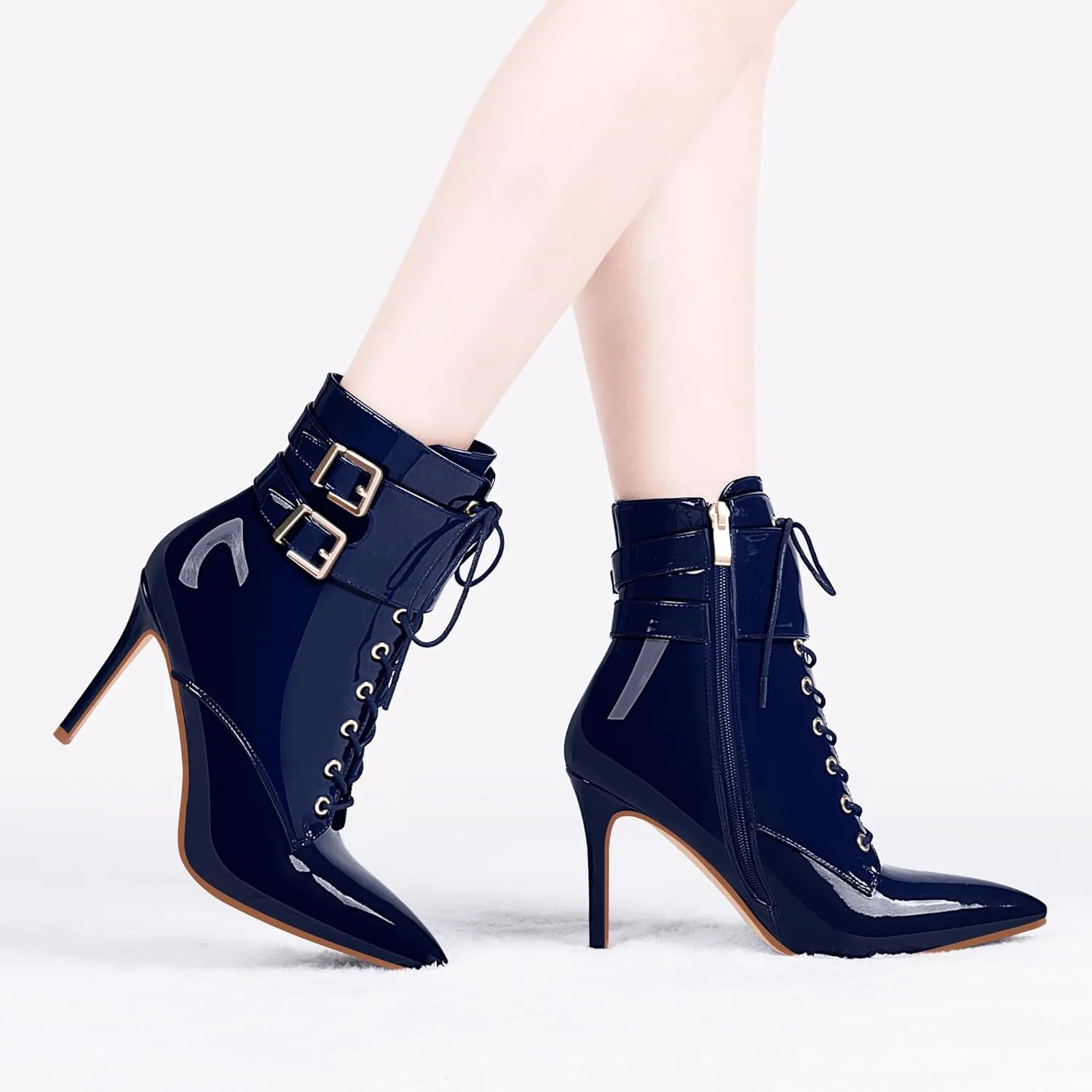 Women's High Stiletto Heel Pointed Toe Ankle Boots Lace Up Buckle Strap Dress Booties