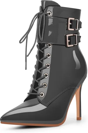 Women's High Stiletto Heel Pointed Toe Ankle Boots Lace Up Buckle Strap Dress Booties