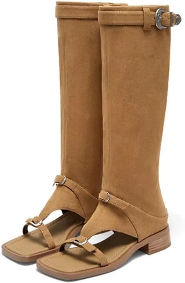 Womens Knee High Roman Gladiator Sandals Open Square Toe Flat Summer Boots Retro Fashion Sandal Boot