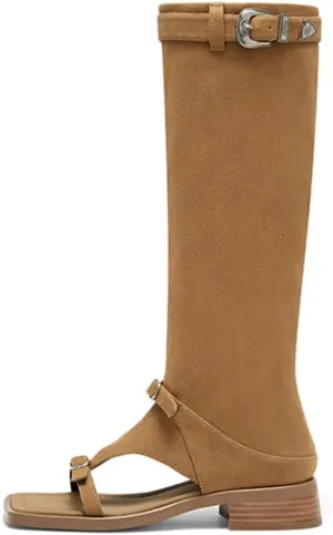 Womens Knee High Roman Gladiator Sandals Open Square Toe Flat Summer Boots Retro Fashion Sandal Boot