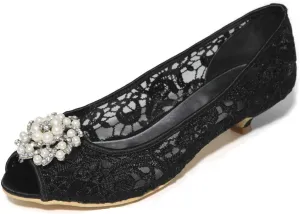 Women's Lace Open Toe Satin Low Heels Slip On Rhinestones Sandals for Women Party Dress Pumps Shoes