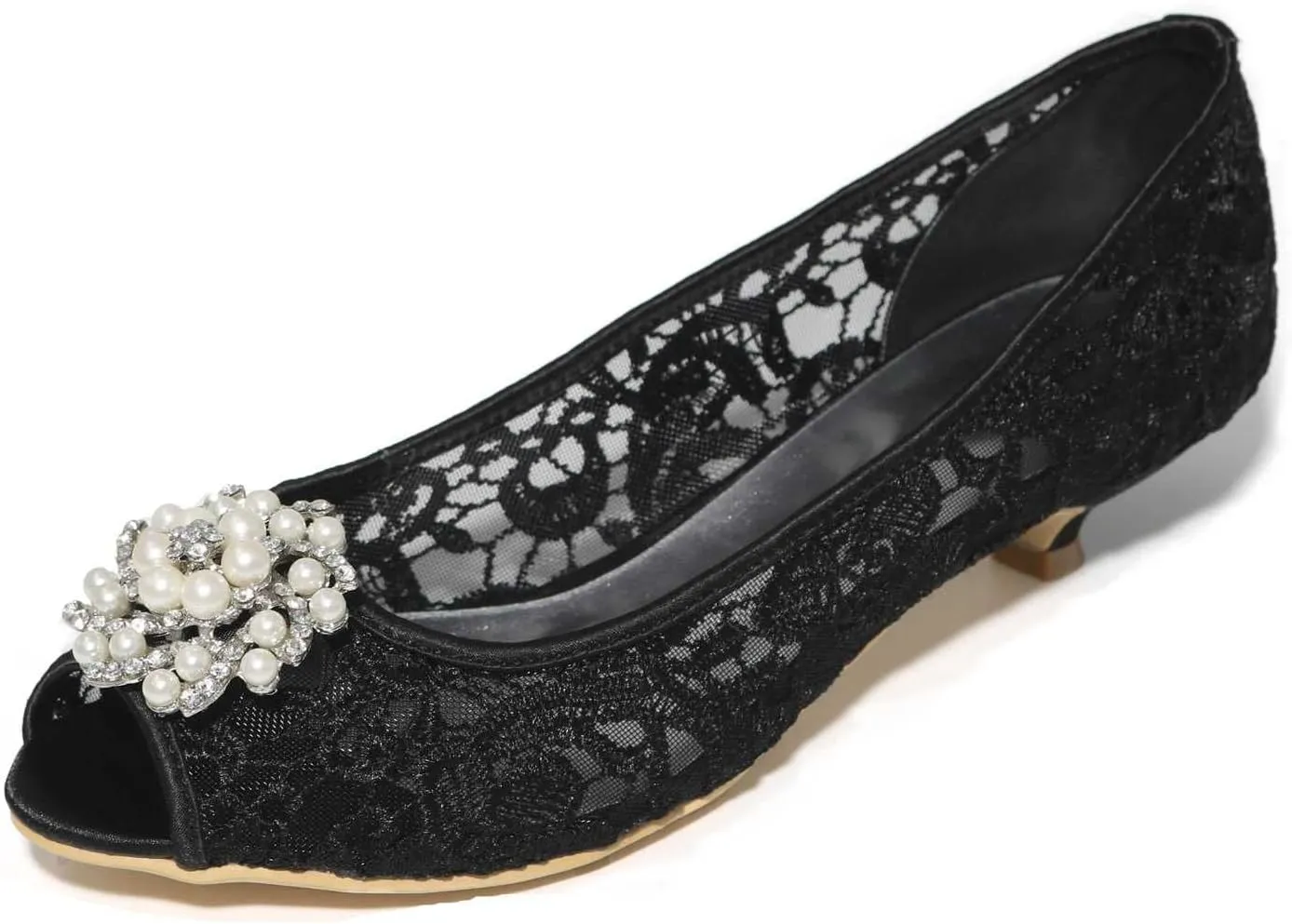 Women's Lace Open Toe Satin Low Heels Slip On Rhinestones Sandals for Women Party Dress Pumps Shoes