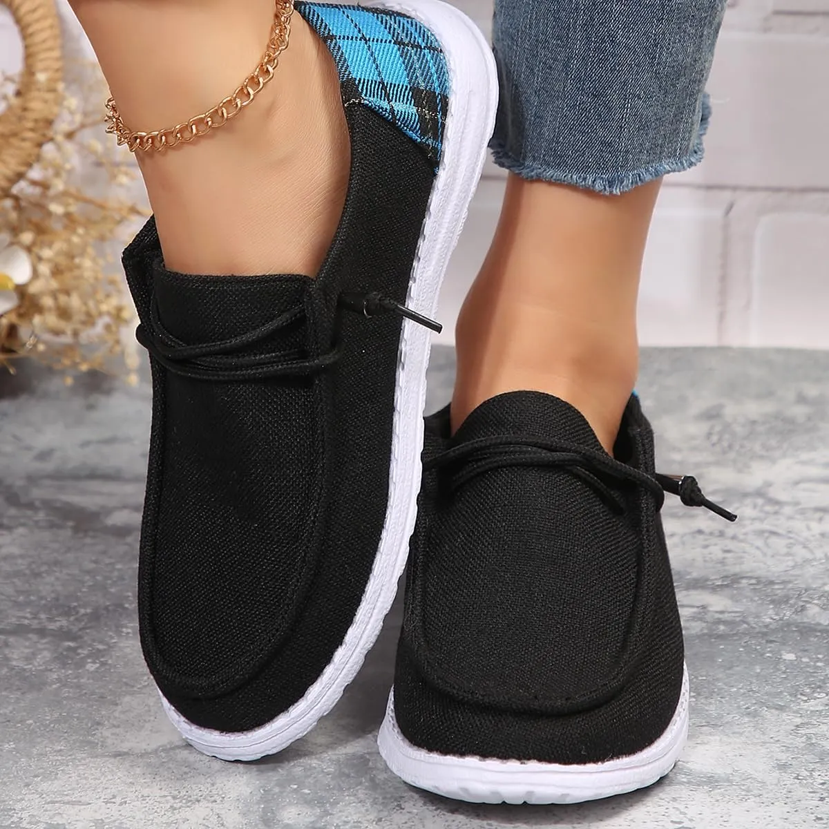 Womens Lace-Up Canvas Lightweight Boat Shoes Casual Comfortable Slip on Knit Loafers Outdoor Walking Low Top Wide Deck Shoes
