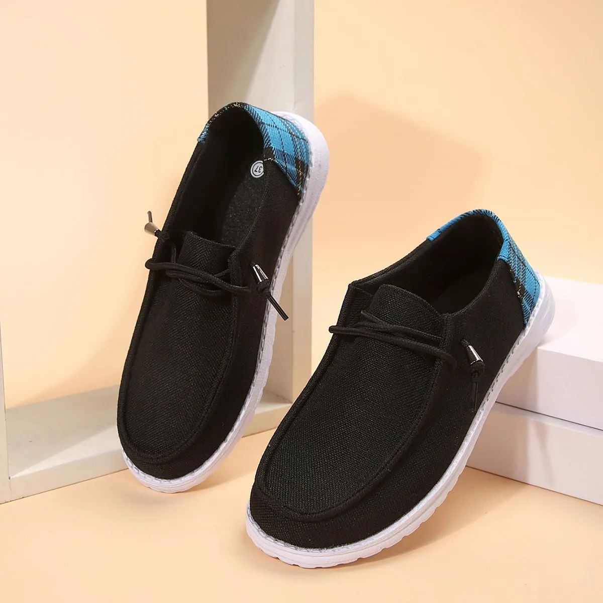 Womens Lace-Up Canvas Lightweight Boat Shoes Casual Comfortable Slip on Knit Loafers Outdoor Walking Low Top Wide Deck Shoes