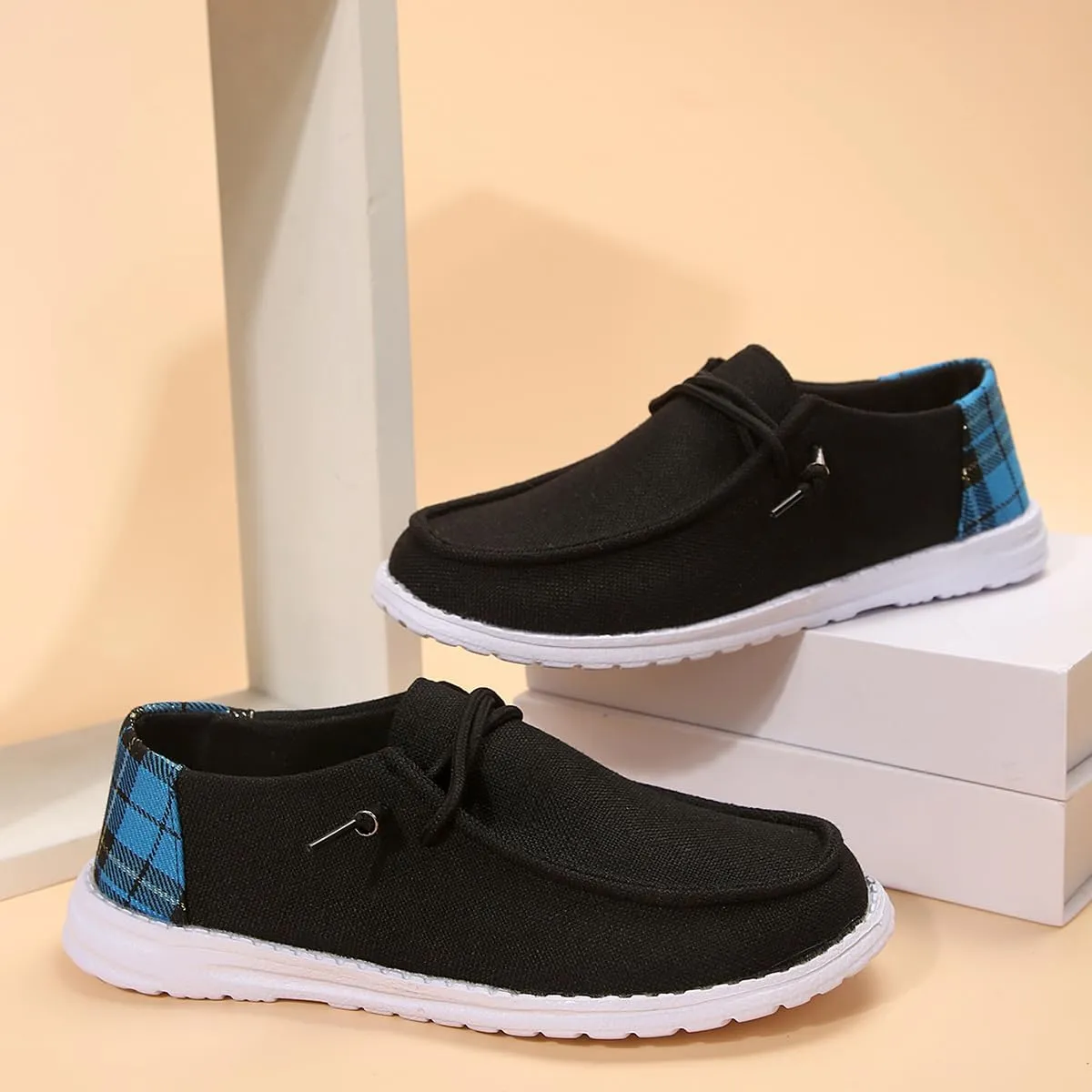 Womens Lace-Up Canvas Lightweight Boat Shoes Casual Comfortable Slip on Knit Loafers Outdoor Walking Low Top Wide Deck Shoes