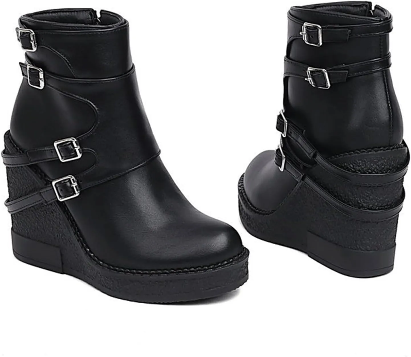 Women'S Leather Wedge Heel Gothic Ankle Boots With Side Zipper Comfortable And Fashionable Shiny Round Toe Platform Double Buckle Y-2k Retro Ankle Boots Suitable For Party Dance
