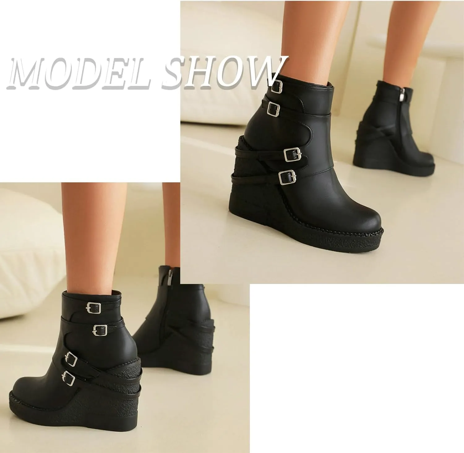 Women'S Leather Wedge Heel Gothic Ankle Boots With Side Zipper Comfortable And Fashionable Shiny Round Toe Platform Double Buckle Y-2k Retro Ankle Boots Suitable For Party Dance