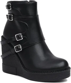 Women'S Leather Wedge Heel Gothic Ankle Boots With Side Zipper Comfortable And Fashionable Shiny Round Toe Platform Double Buckle Y-2k Retro Ankle Boots Suitable For Party Dance