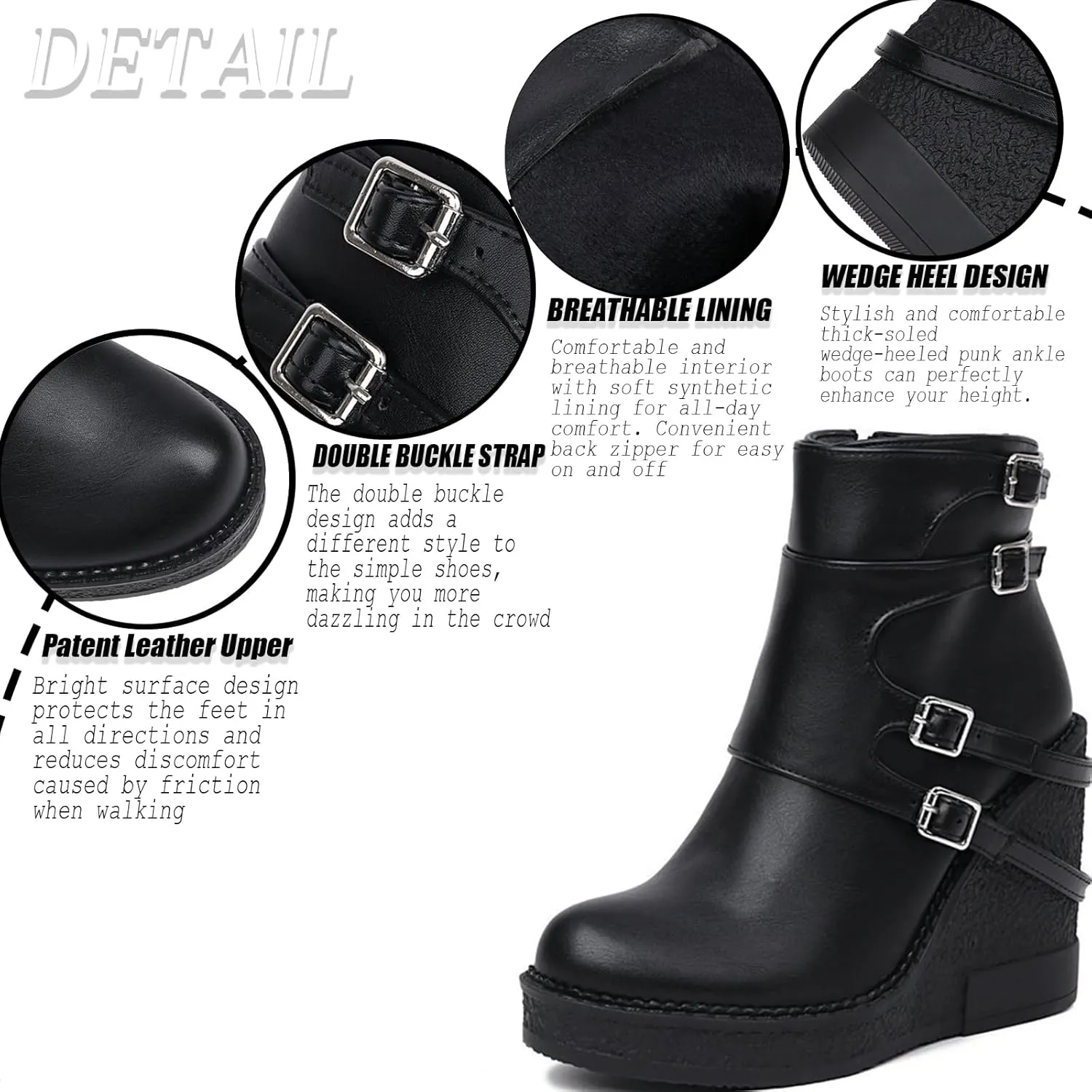 Women'S Leather Wedge Heel Gothic Ankle Boots With Side Zipper Comfortable And Fashionable Shiny Round Toe Platform Double Buckle Y-2k Retro Ankle Boots Suitable For Party Dance