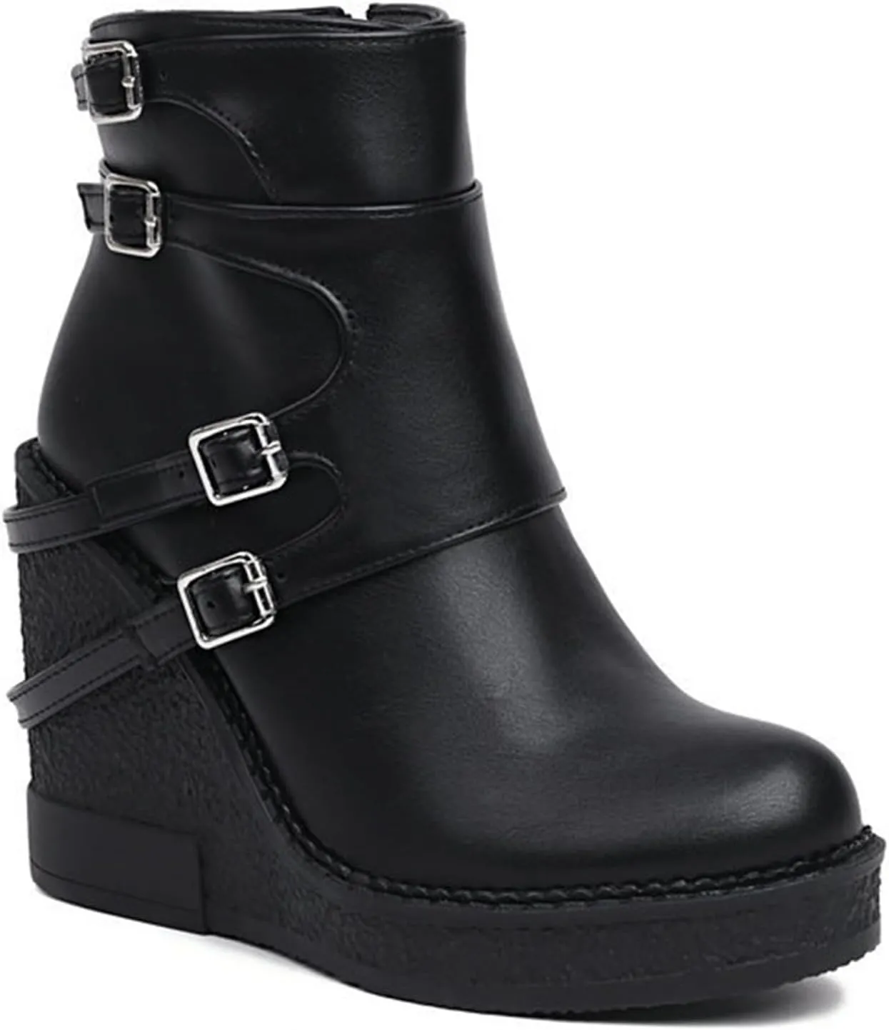 Women'S Leather Wedge Heel Gothic Ankle Boots With Side Zipper Comfortable And Fashionable Shiny Round Toe Platform Double Buckle Y-2k Retro Ankle Boots Suitable For Party Dance
