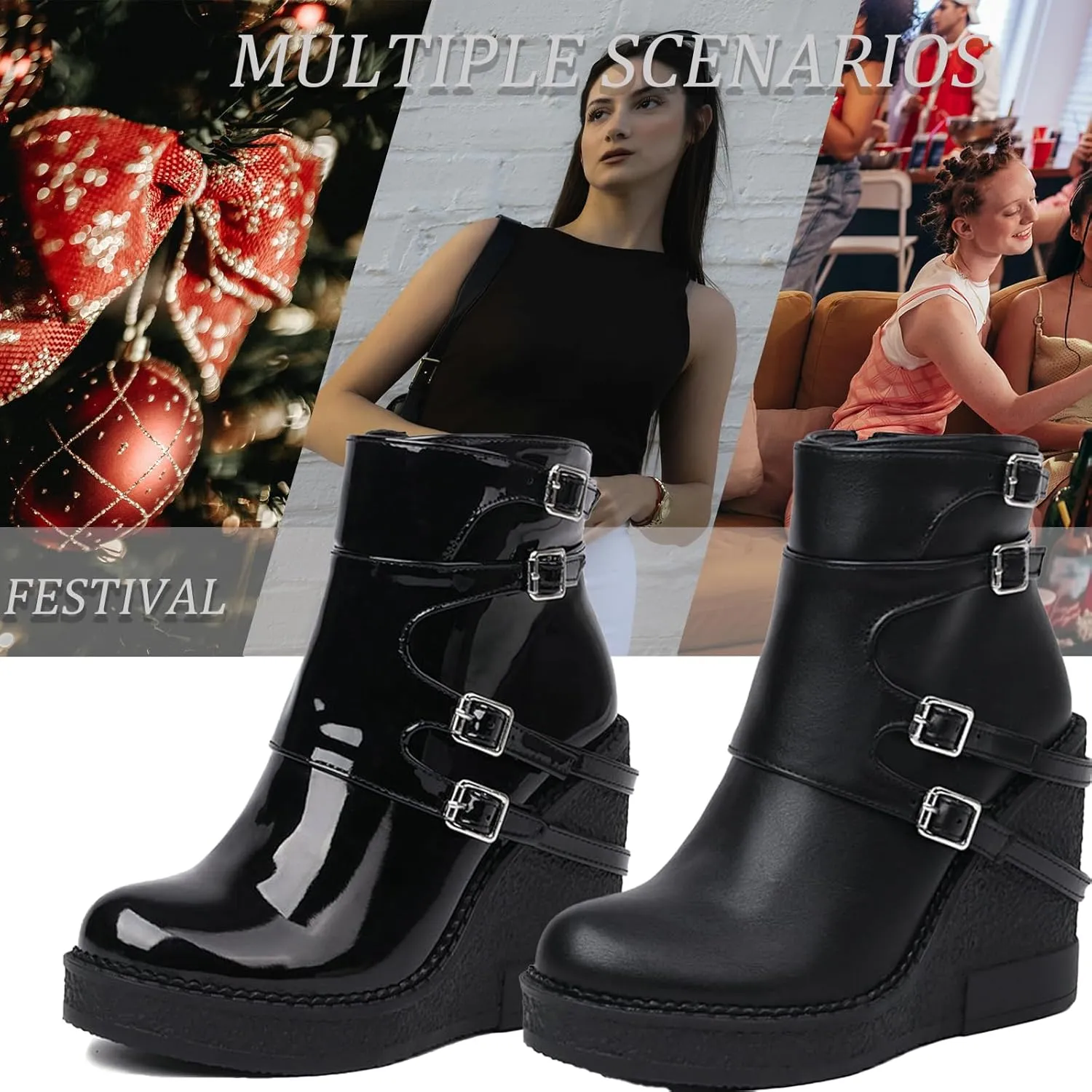Women'S Leather Wedge Heel Gothic Ankle Boots With Side Zipper Comfortable And Fashionable Shiny Round Toe Platform Double Buckle Y-2k Retro Ankle Boots Suitable For Party Dance