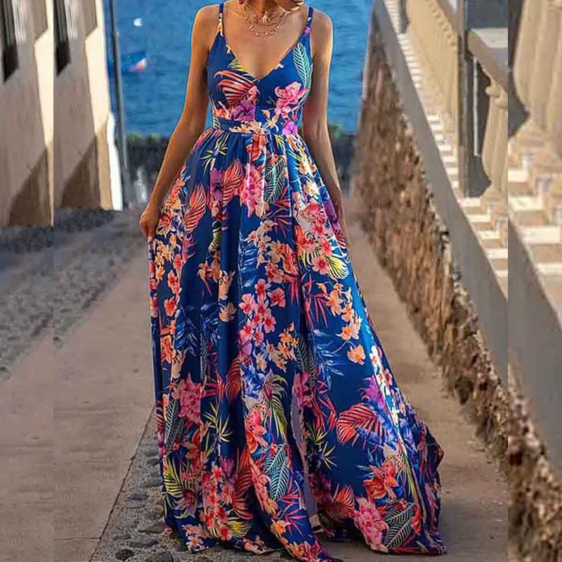 Women’s Maxi Dress – A-Line Fit – Bold Print – Spaghetti Straps – Plunging Neckline