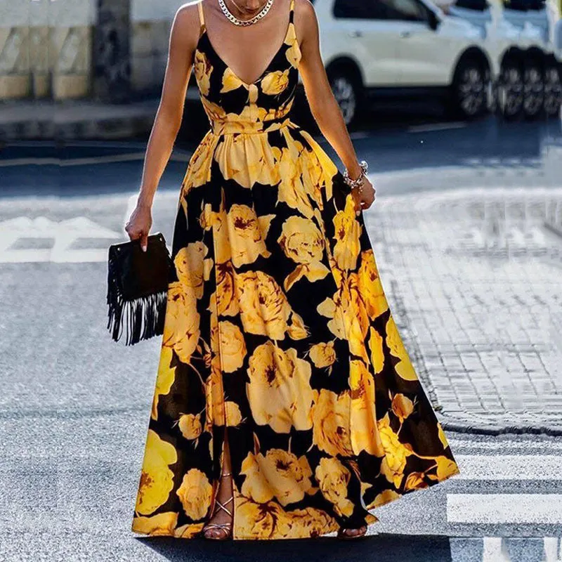 Women’s Maxi Dress – A-Line Fit – Bold Print – Spaghetti Straps – Plunging Neckline