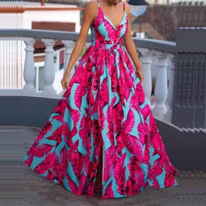 Women’s Maxi Dress – A-Line Fit – Bold Print – Spaghetti Straps – Plunging Neckline