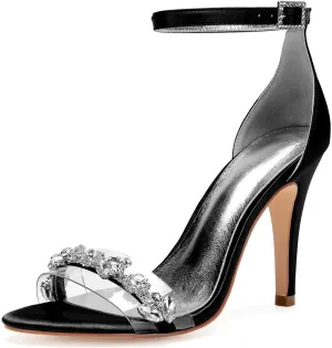 Women's Open Toe Rhinestone Kitten Heel Sandals Ankle Strap Satin High Heels | 4.13" Heel Height | Perfect for Evening Parties & Dressy