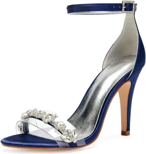 Women's Open Toe Rhinestone Kitten Heel Sandals Ankle Strap Satin High Heels | 4.13" Heel Height | Perfect for Evening Parties & Dressy