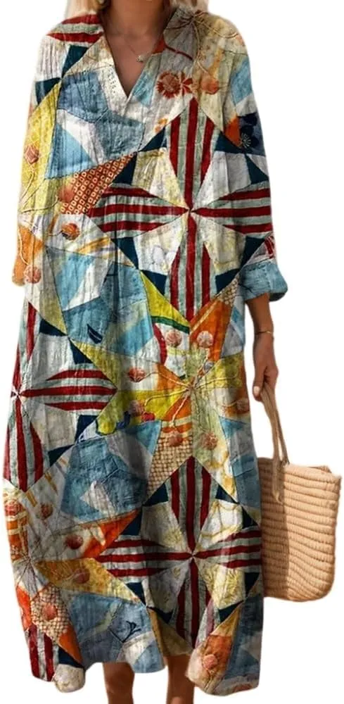 Women's Oversized Smocked Long Sleeve Boho Dress Spring Summer Casual Floral Print V Neck Maxi Dresses for Women