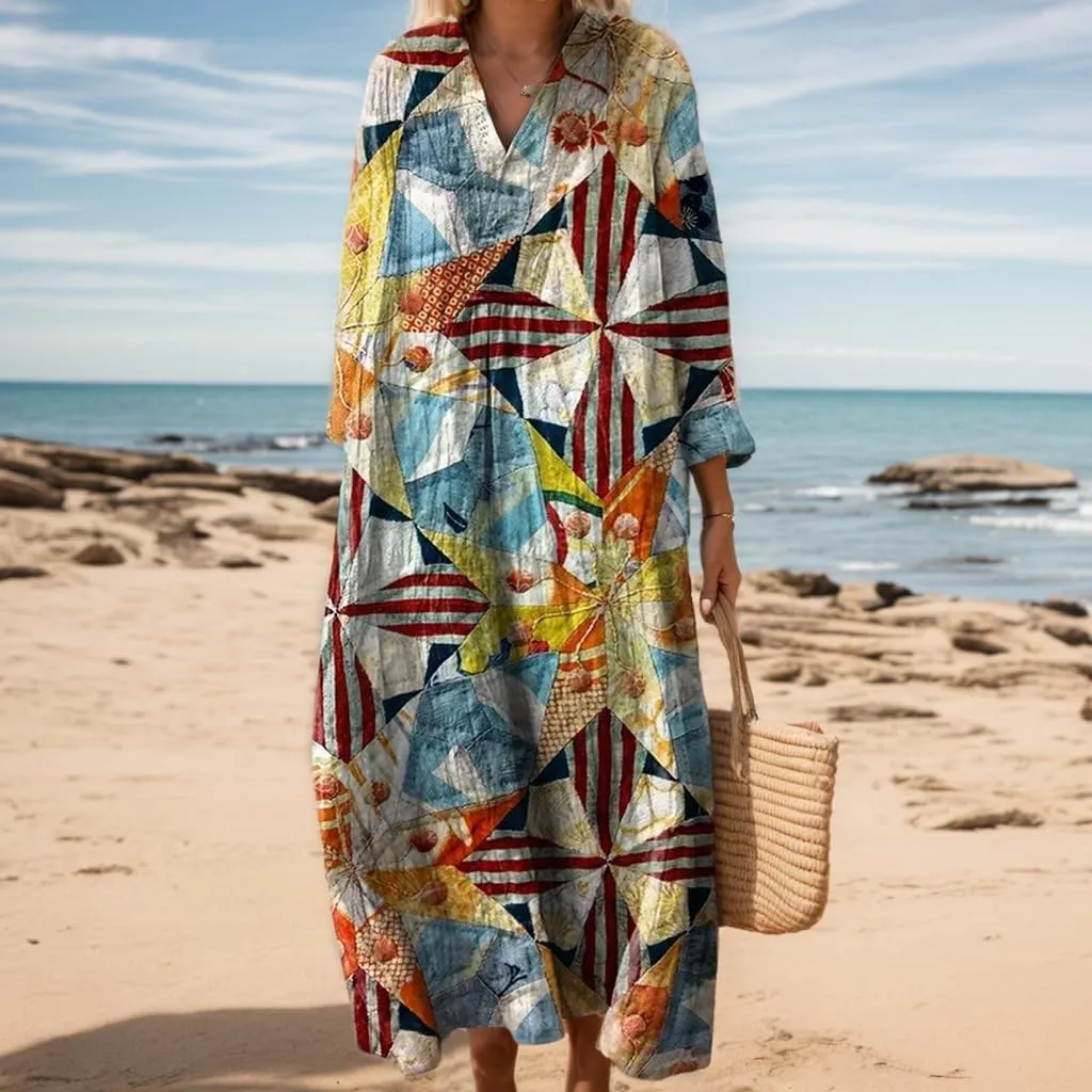 Women's Oversized Smocked Long Sleeve Boho Dress Spring Summer Casual Floral Print V Neck Maxi Dresses for Women