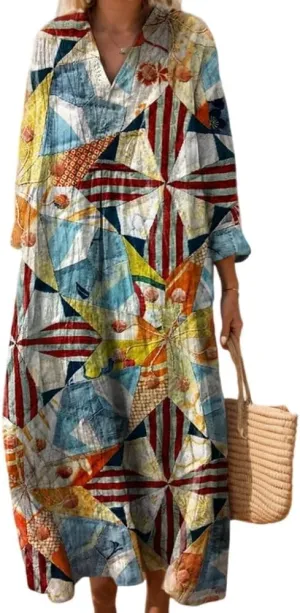Women's Oversized Smocked Long Sleeve Boho Dress Spring Summer Casual Floral Print V Neck Maxi Dresses for Women