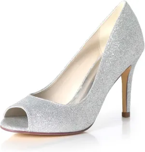 Women's Peep Toe Low Heel Sequins Frosted Kitten Heels Sandals,Wedding Shoes Slip on Round Toe Pumps High Heeled Prom Dress Shoes