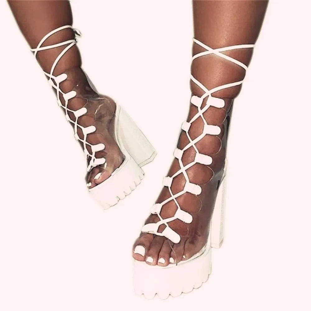 Women's Platform high Heels Strap Peep Toes Dress Clear Shoes White Green Black Wedding Banquet Beautiful Sandals