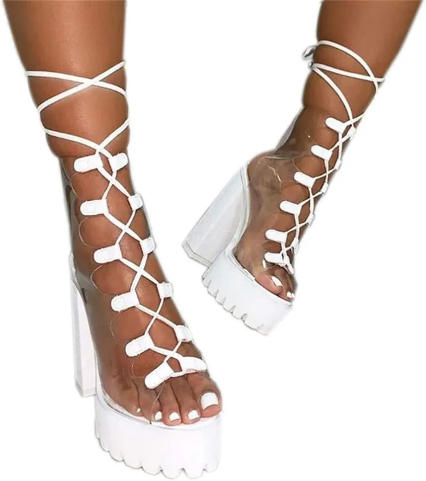 Women's Platform high Heels Strap Peep Toes Dress Clear Shoes White Green Black Wedding Banquet Beautiful Sandals