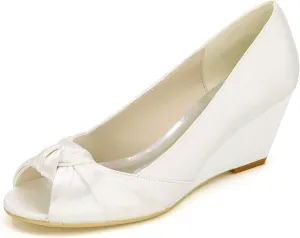 Women's Platform Wedge Heels with Open Toe - High Block Satin Bridal Shoes Perfect for Wedding, Party, Evening, Prom Dresses & Sandals
