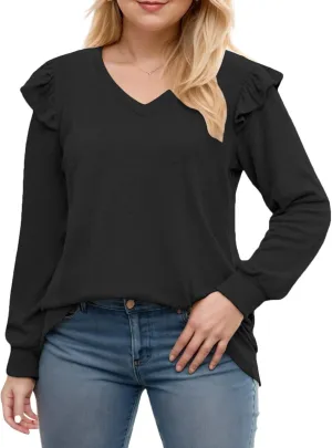 Womens-Plus-Size-Dressy-Tops Trendy V Neck Shirts Cute Ruffle Long Sleeve Blouses Casual Loose Fit Tunics XL-5XL